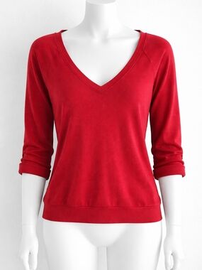 TNA Aritzia Red V-Neck Top Medium | Soft Knit Casual Basic Rolled Sleeve Tee